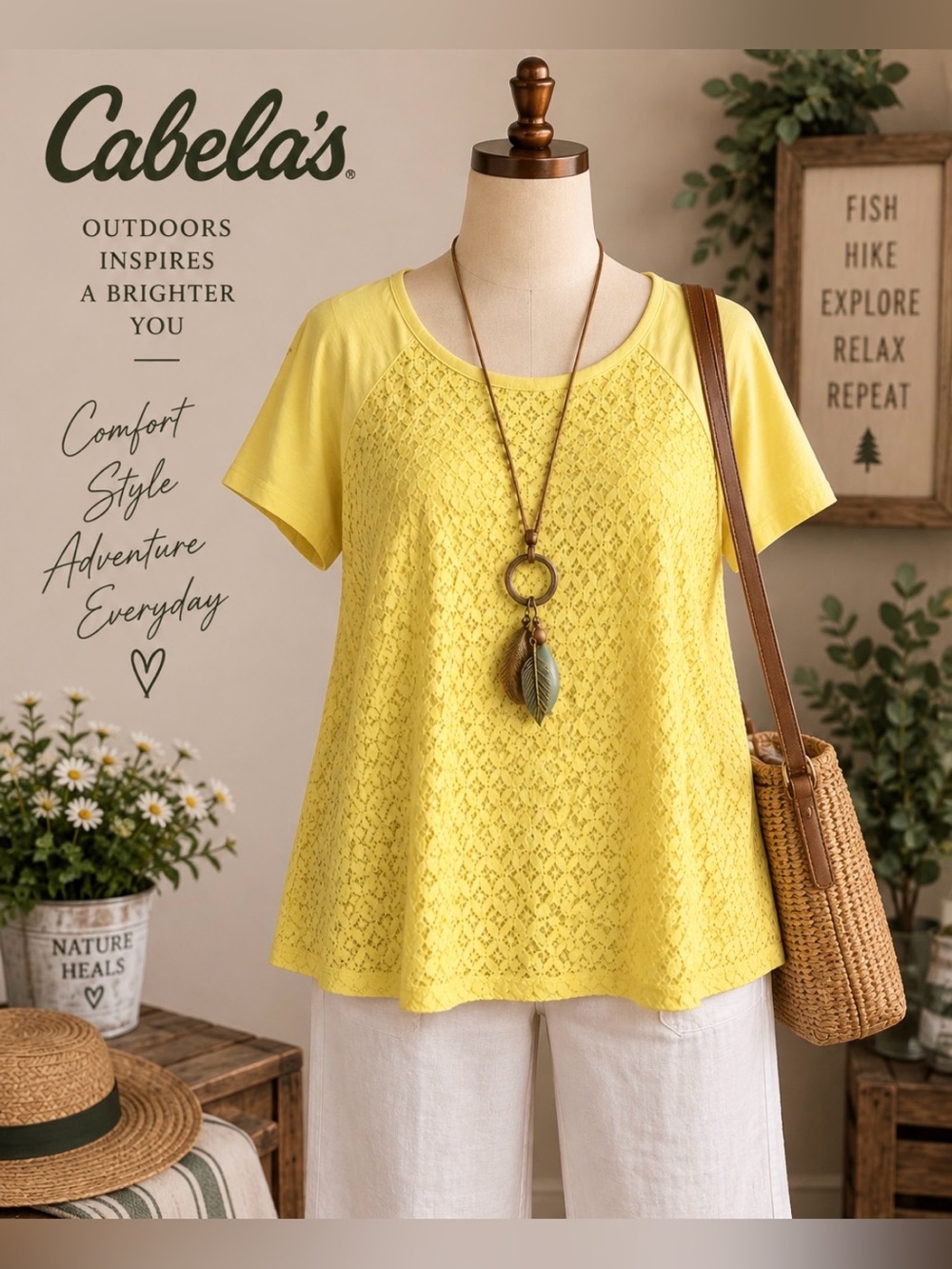 Cabela's - XL - Scoop Neck- Lemon Yellow - Cotton-Lace Front Short Sleeve Tee